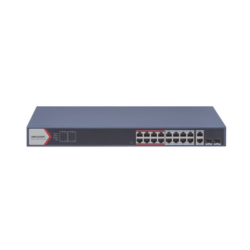 Switch PoE+ / Monitoreable / 16 puertos 10/100 Mbps PoE+ / 2 Puertos 1000 Mbps Uplink / 2 Puertos SFP de Uplink /  Configuración Nube Hik-Partner Pro / Modo Extendido hasta 300 metros / 230 W