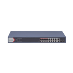 Switch PoE+ / Monitoreable / 16 puertos 10/100 Mbps PoE+ / 2 Puertos 1000 Mbps Uplink / 2 Puertos SFP de Uplink /  Configuración Nube Hik-Partner Pro / Modo Extendido hasta 300 metros / 230 W
