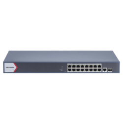 Switch Gigabit PoE+ / Monitoreable / 16 Puertos 1000 Mbps PoE+ / 1 Puerto 1000 Mbps de Uplink / 1 Puerto SFP / Configuración Nube desde Hik-PartnerPro / Modo Extendido hasta 300 Metros / 130 Watts