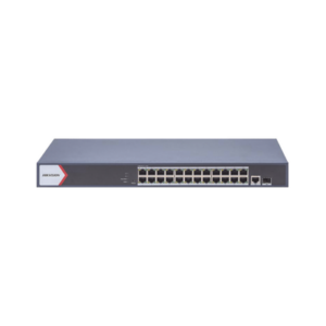 Switch Gigabit PoE+ / Administrable / 24 Puertos 1000 Mbps PoE+ / 1 Puerto 1000 Mbps Uplink  / 1 Puertos SFP Uplink / Configuración Nube Hik-Partner Pro / Modo Extendido hasta 300 Metros / 230 W