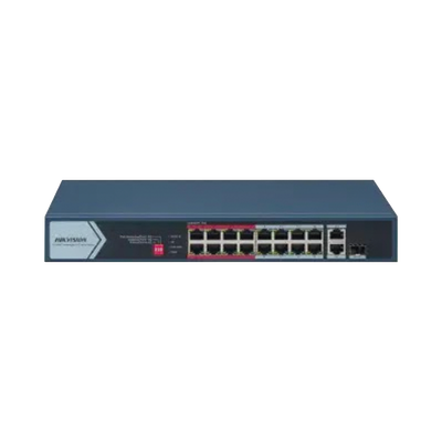 Switch PoE+ / No Administrable / 16 Puertos 10/100 Mbps PoE+ / 2 Puertos 1000 Mbps Uplink / 1 Puerto SFP Uplink / Modo Extendido hasta 300 Metros / 130 W