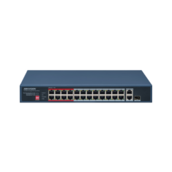 Switch PoE+ / No Administrable / 24 Puertos 10/100 Mbps PoE+ / 2 Puertos 1000 Mbps Uplink / 1 Puerto SFP Uplink / Modo Extendido hasta 300 Metros / 230 W