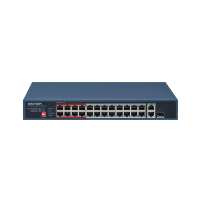 Switch PoE+ / No Administrable / 24 Puertos 10/100 Mbps PoE+ / 2 Puertos 1000 Mbps Uplink / 1 Puerto SFP Uplink / Modo Extendido hasta 300 Metros / 230 W