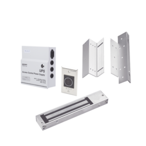 Kit para control de acceso incluye Fuente de 12VCD con respaldo de batería/ Chapa magnética de 600Lbs / Montajes L y Z / Botón de salida