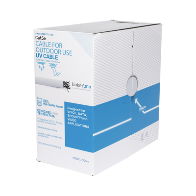 Bobina de cable de 305 m, Cat5e, para intemperie, sin blindar, color blanco, UL, para aplicaciones en CCTV, redes de datos, Requiere tubería para su correcta instalación en ambientes exteriores.