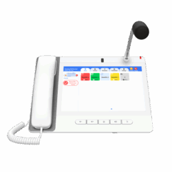 Teléfono IP Color Blanco Android 9.0 Empresarial para voceo 20 líneas SIP, pantalla táctil, Wi-Fi y Bluetooth, PoE, Voceo/ Musica por Multicast, puertos Gigabit, Sofware de Enfermeria