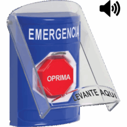 ​Botón Multipropósito, Color Azul, De Superficie, Con Tapa De Policarbonato, Con Bocina Pre Alarma, Solo Interior, Llave Para Restablecer, Texto De Emergencia, Español
